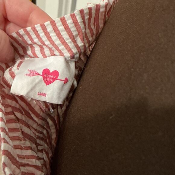 Buddy Love Pink Red Smocked Stripes Seersucker Shoulder Ties Lexi Dress Size L - Picture 2 of 12